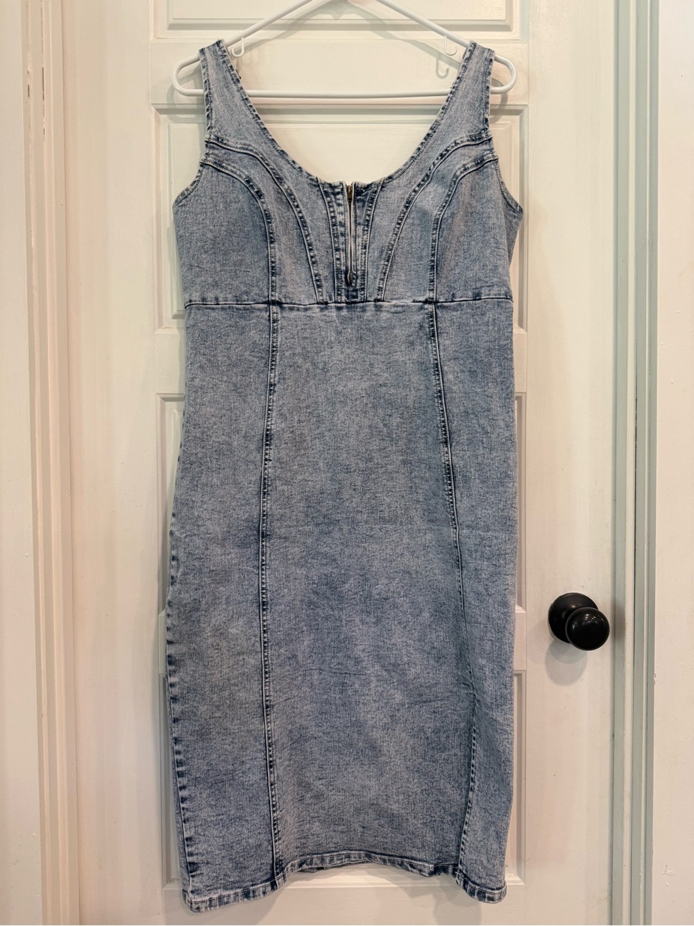 Acid Wash Denim Midi Dress Large Bodycon Zip Front Sleeveless Blue Y2K